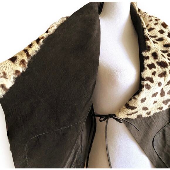 Y2k illia Cropped Black Leather Jacket Leopard Print Rabbit Fur Collar Sz 4/XS - Picture 9 of 12